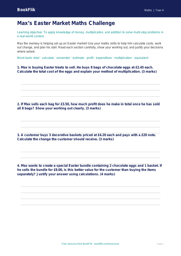 Easter Maths Challenge: Class 4 CBSE Worksheet | BookFlik worksheet preview — Maths Easter Maths