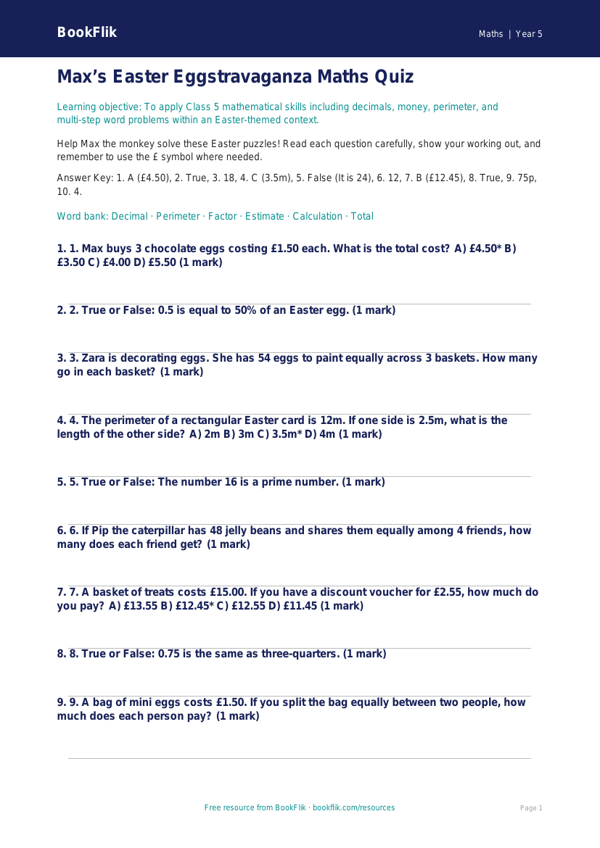 Easter Maths Quiz for Class 5 | CBSE Maths Practice | BookFlik worksheet preview — Maths Easter Maths