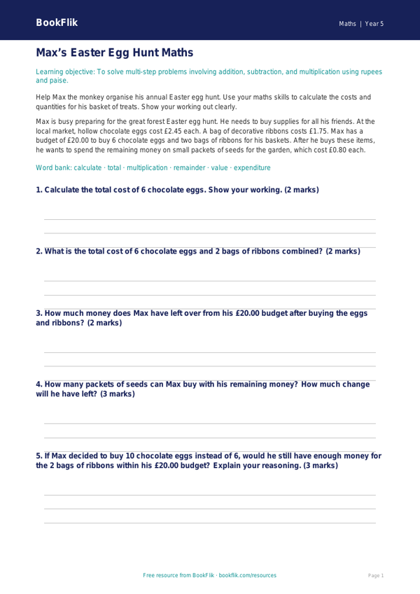 Free Easter Maths Track Sheet | Class 5 | Maths | BookFlik worksheet preview — Maths Easter Maths