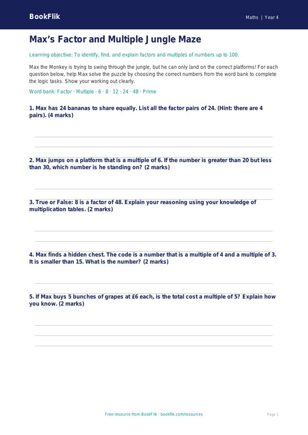 Free Factors And Multiples Activity Sheet | Class 4 | Maths | BookFlik worksheet preview — Maths Factors And Multiples