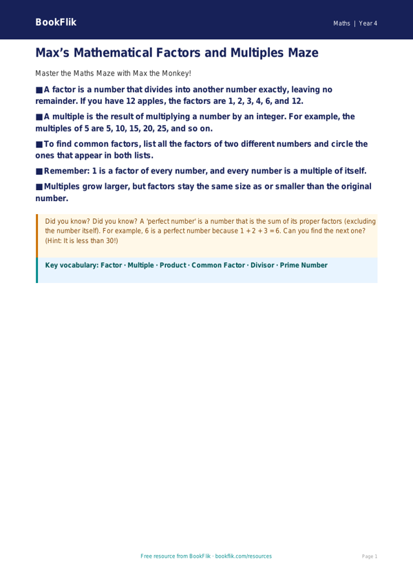 Free Factors And Multiples Poster | Class 4 | Maths | BookFlik worksheet preview — Maths Factors And Multiples