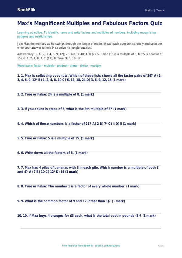 Free Factors And Multiples Quiz | Class 4 | Maths | BookFlik worksheet preview — Maths Factors And Multiples