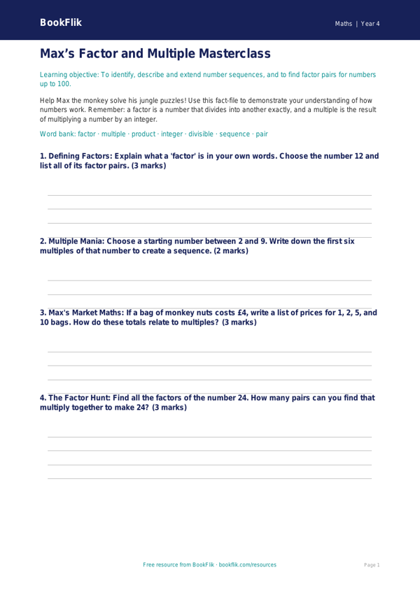 Maths factors and multiples template class 4 core worksheet preview — Maths Factors And Multiples