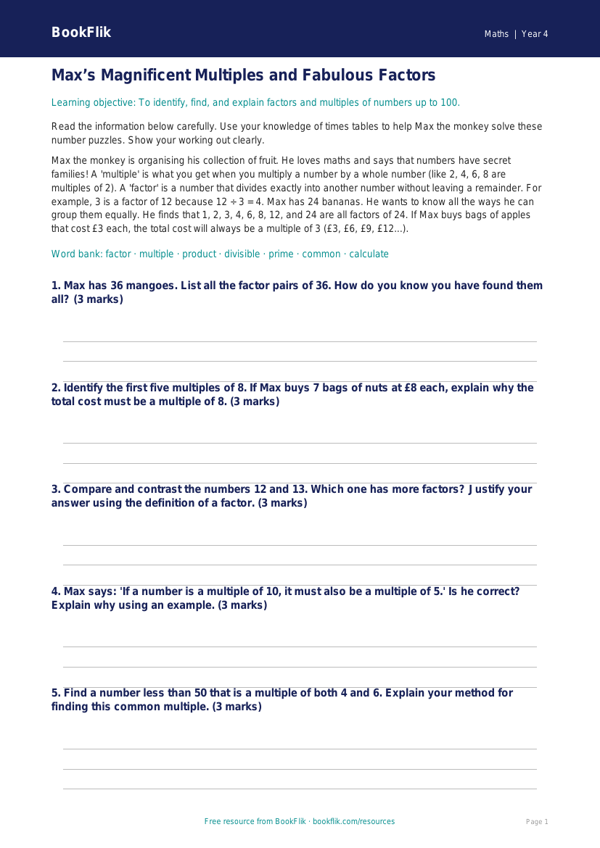 Free Factors And Multiples Track Sheet | Class 4 | Maths | BookFlik worksheet preview — Maths Factors And Multiples
