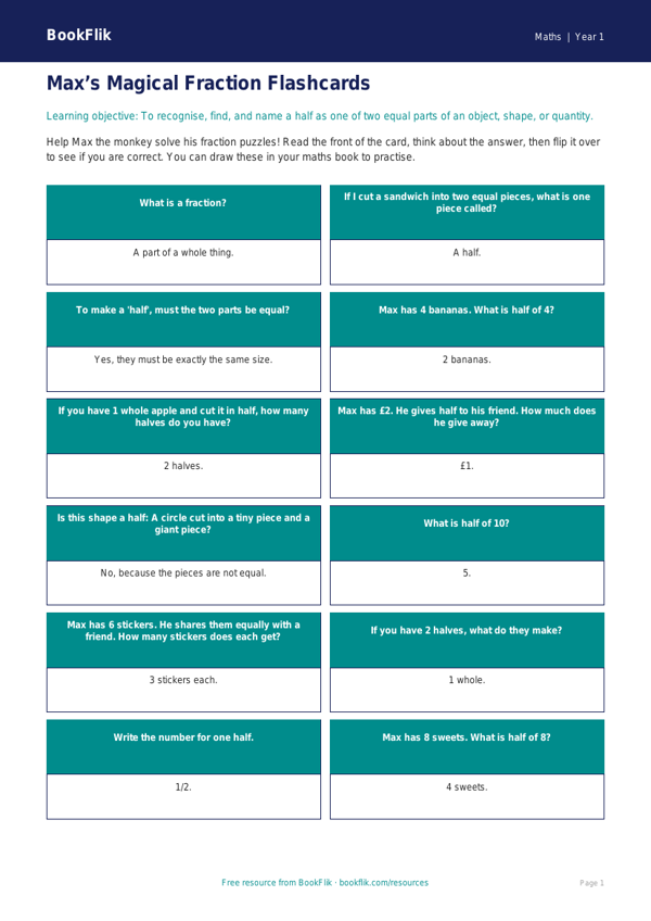 Free Fractions Flashcards | Class 1 | Maths | BookFlik worksheet preview — Maths Fractions