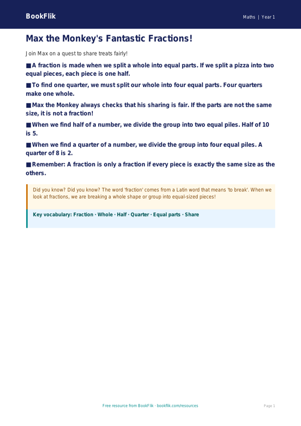 Free Fractions Poster | Class 1 | Maths | BookFlik worksheet preview — Maths Fractions