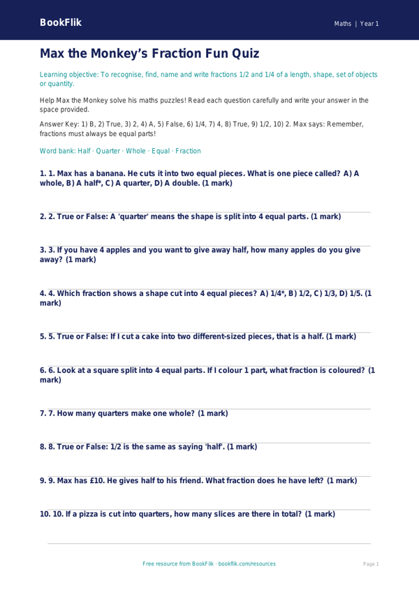 Fractions Quiz for Class 1 | Maths CBSE | BookFlik worksheet preview — Maths Fractions