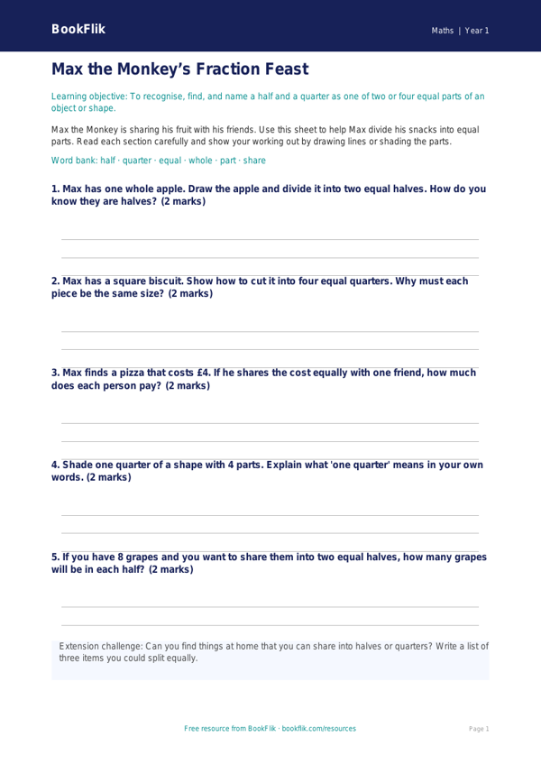 Free Fractions Template | Class 1 | Maths | BookFlik worksheet preview — Maths Fractions