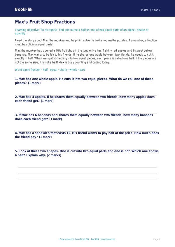 Free Fractions Track Sheet | Class 1 | Maths | BookFlik worksheet preview — Maths Fractions