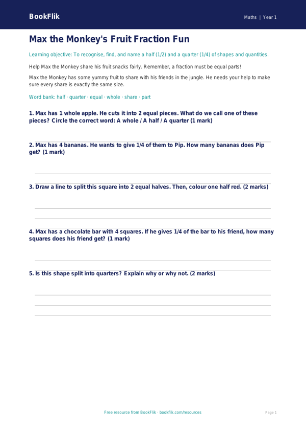 Free Fractions Worksheet | Class 1 | Maths | BookFlik worksheet preview — Maths Fractions