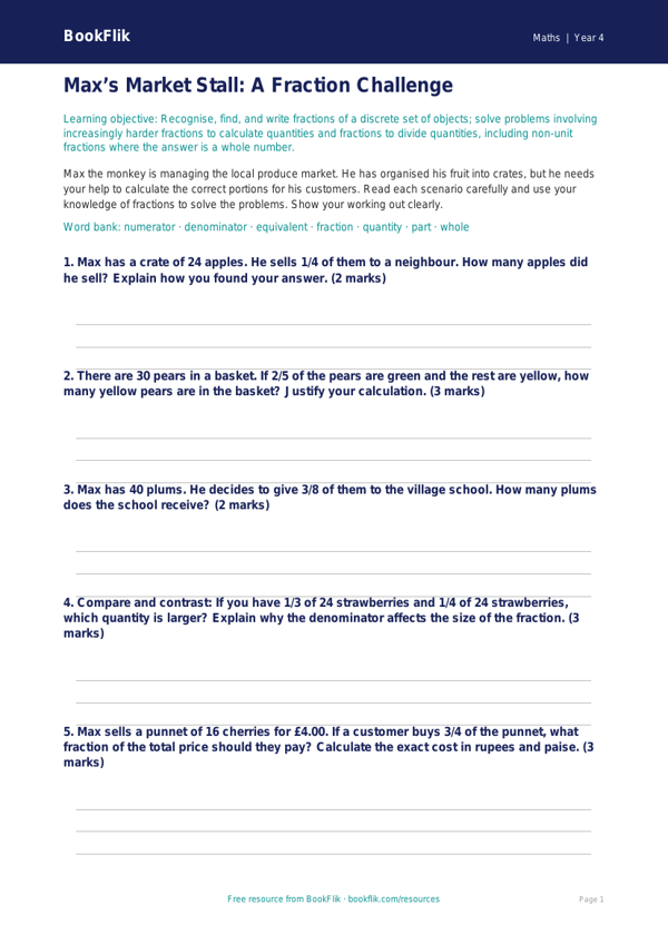 Free Fractions Activity Sheet | Class 4 | Maths | BookFlik worksheet preview — Maths Fractions