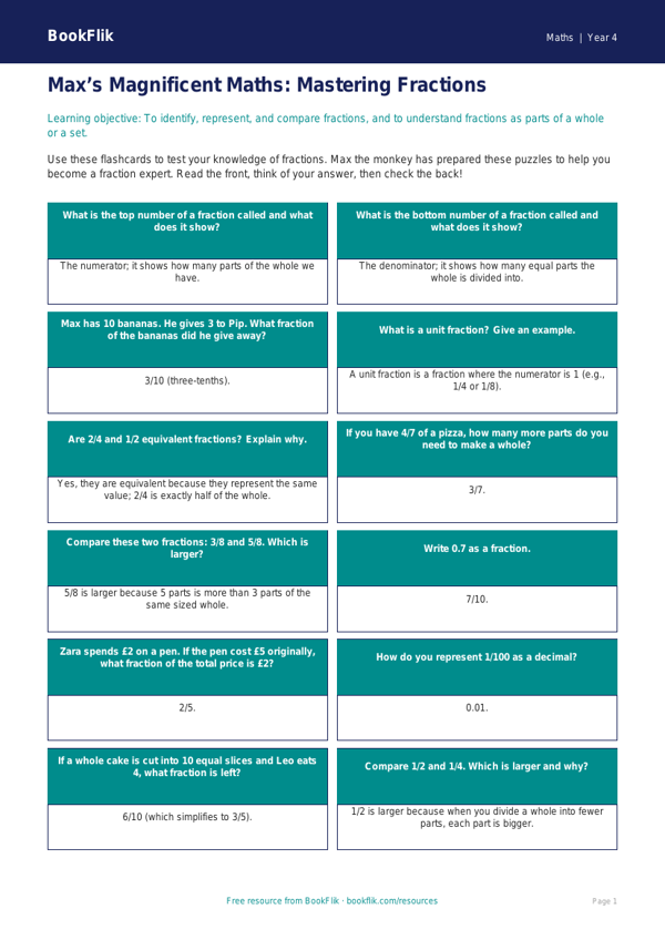 Maths fractions flashcards class 4 greater depth worksheet preview — Maths Fractions