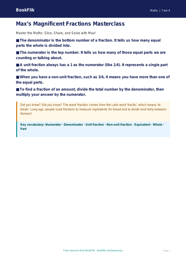 Free Fractions Poster | Class 4 | Maths | BookFlik worksheet preview — Maths Fractions