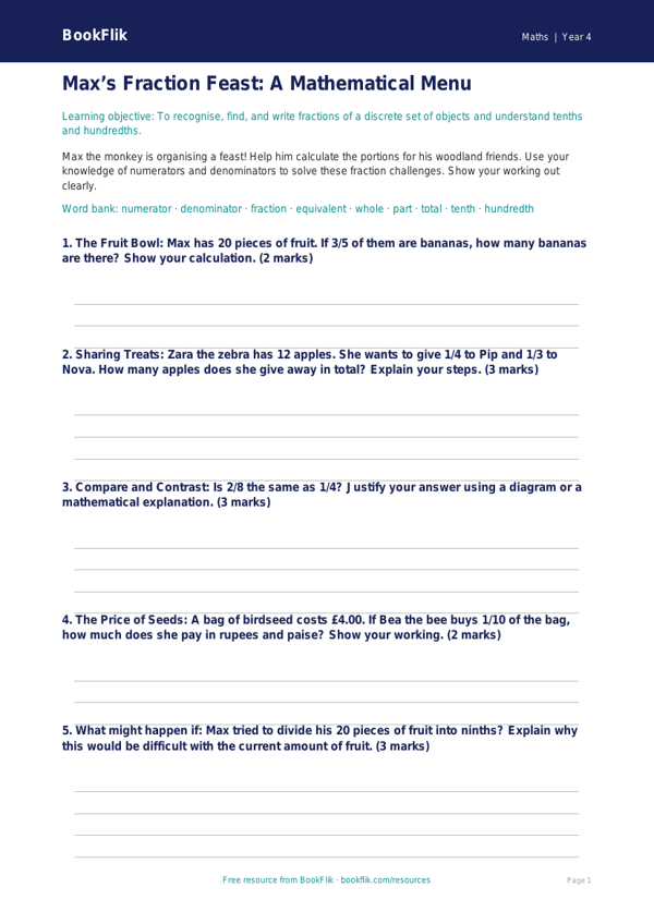 Maths fractions template class 4 greater depth worksheet preview — Maths Fractions