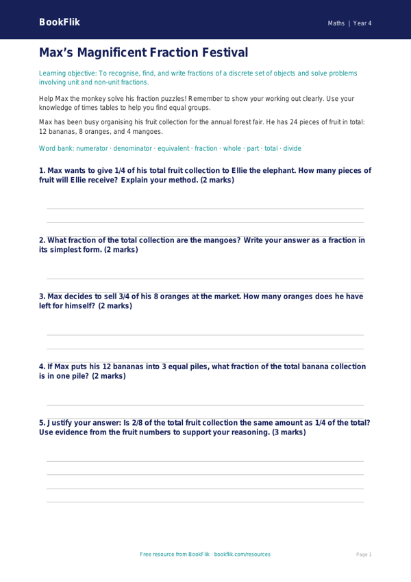 Advanced Fractions Worksheet | Class 4 Maths | BookFlik worksheet preview — Maths Fractions