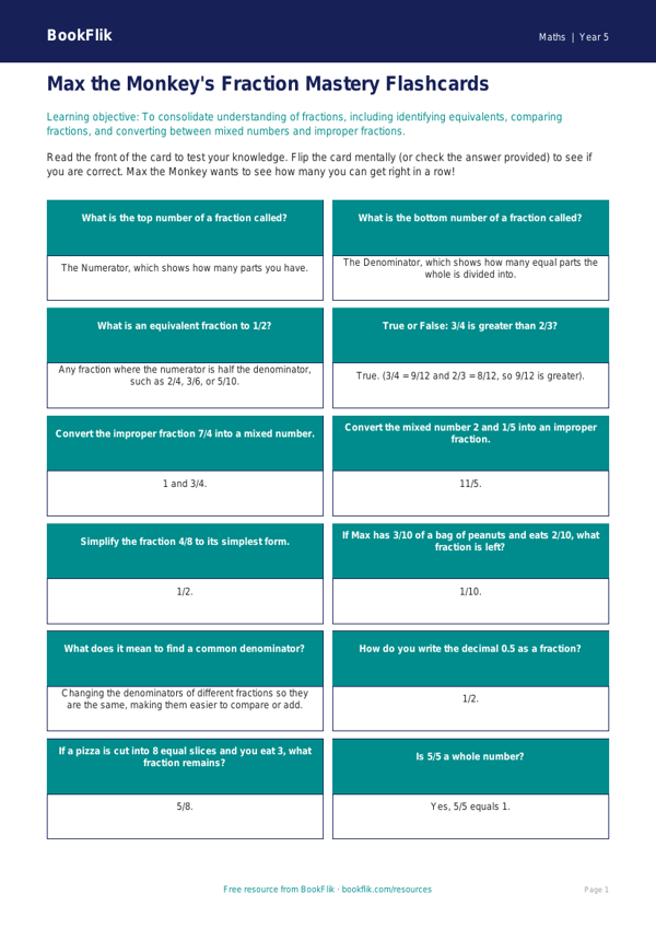 Free Fractions Flashcards | Class 5 | Maths | BookFlik worksheet preview — Maths Fractions