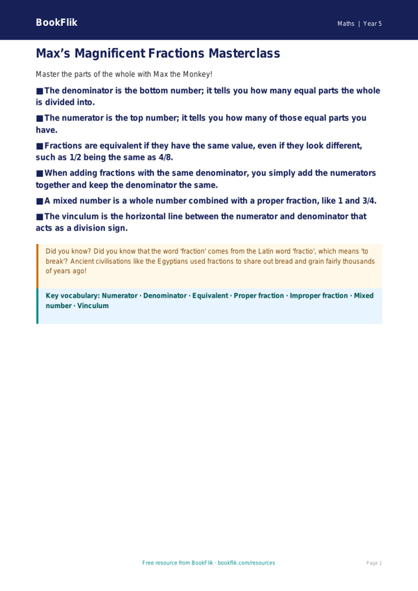Maths fractions poster class 5 core worksheet preview — Maths Fractions