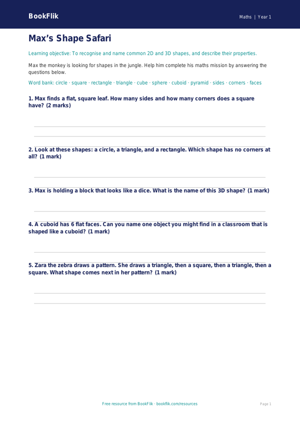 Free Geometry Worksheet | Class 1 | Maths | BookFlik worksheet preview — Maths Geometry
