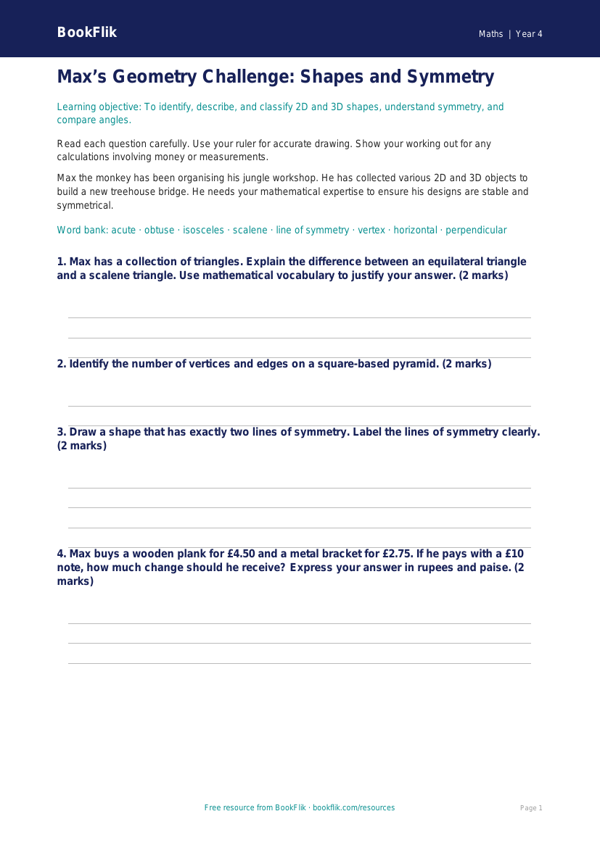 Free Geometry Assessment | Class 4 | Maths | BookFlik worksheet preview — Maths Geometry
