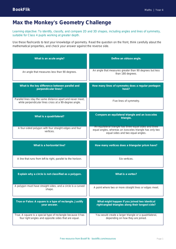 Advanced Geometry Flashcards | Class 4 Maths | BookFlik worksheet preview — Maths Geometry