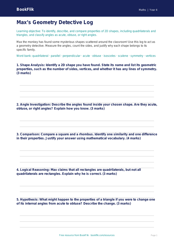 Advanced Geometry Worksheet | Class 4 Maths | BookFlik worksheet preview — Maths Geometry