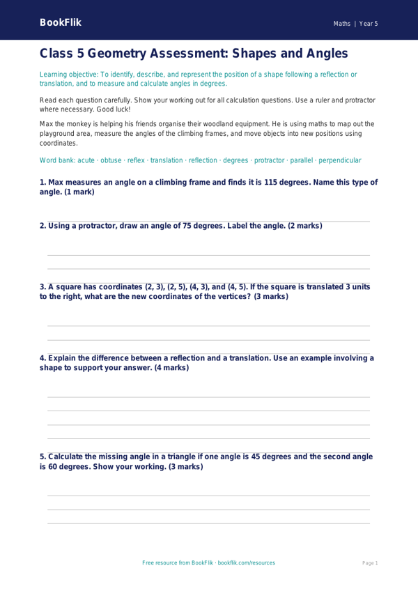 Free Geometry Assessment | Class 5 | Maths | BookFlik worksheet preview — Maths Geometry