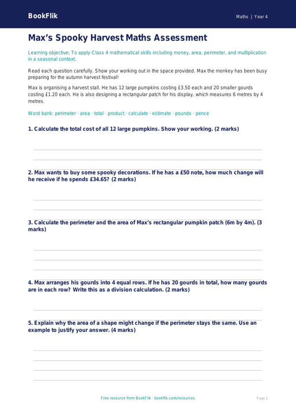 Halloween Maths Assessment for Class 4 | CBSE Curriculum | BookFlik worksheet preview — Maths Halloween Maths