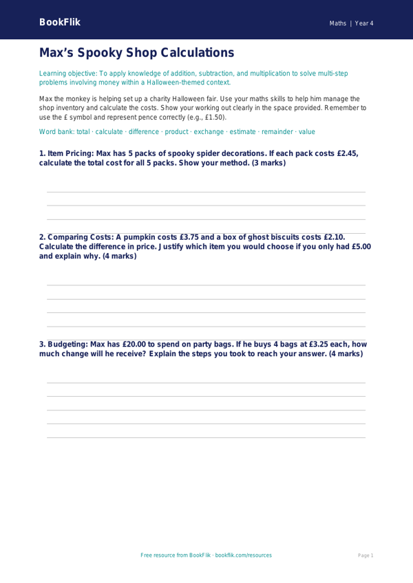 Halloween Maths Challenge: Class 4 CBSE Worksheet | BookFlik worksheet preview — Maths Halloween Maths
