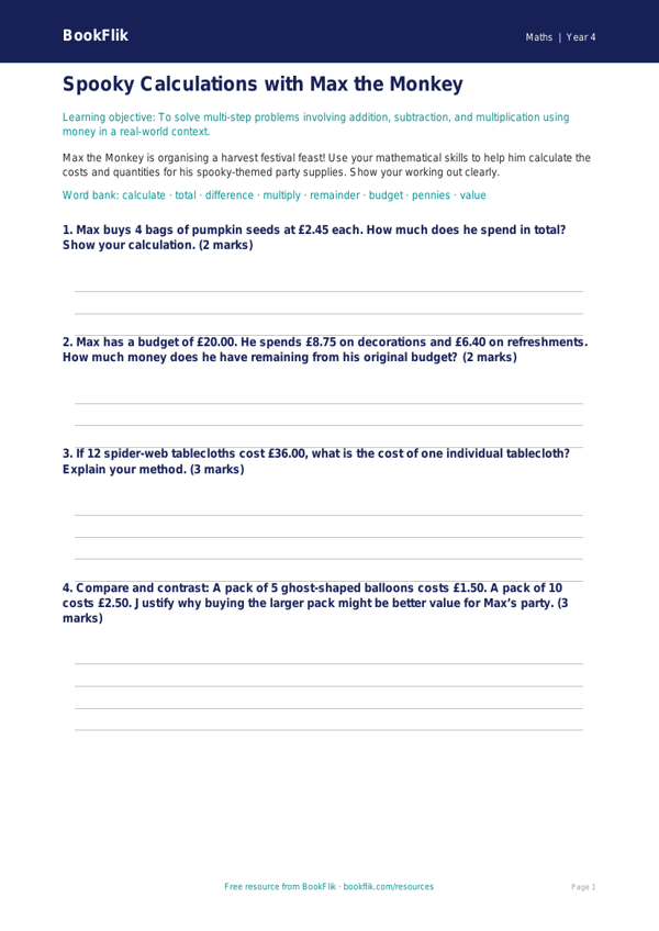 Halloween Maths Worksheet for Class 4 | CBSE Maths Practice | BookFlik worksheet preview — Maths Halloween Maths