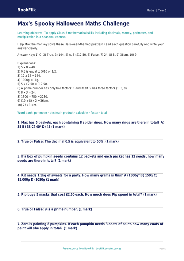 Class 5 Halloween Maths Quiz | CBSE Maths Practice | BookFlik worksheet preview — Maths Halloween Maths