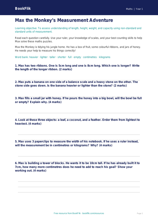 Free Measurement Assessment | Class 1 | Maths | BookFlik worksheet preview — Maths Measurement