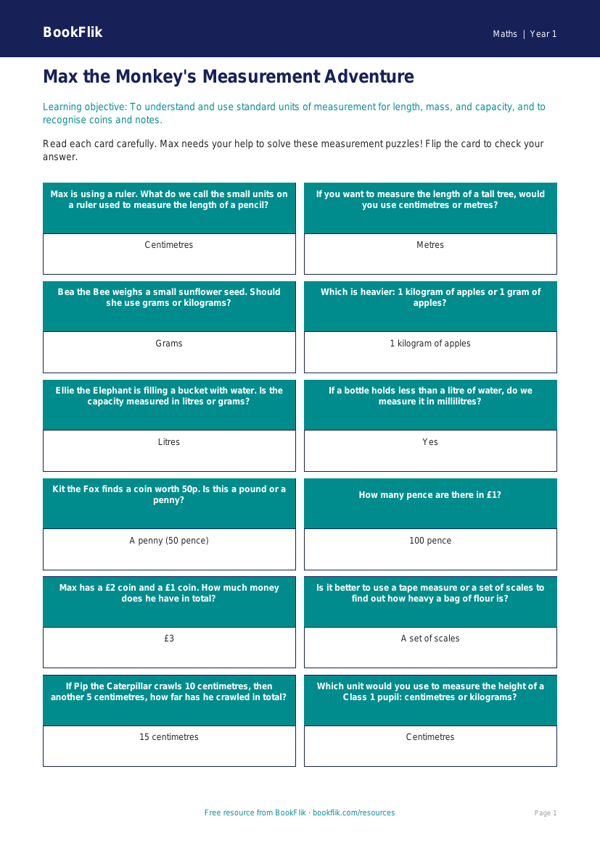 Free Measurement Flashcards | Class 1 | Maths | BookFlik worksheet preview — Maths Measurement