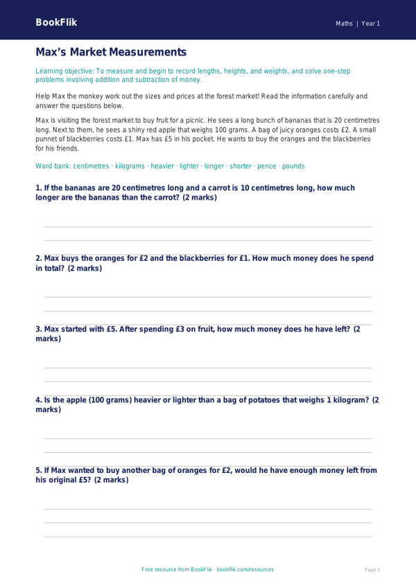 Free Measurement Track Sheet | Class 1 | Maths | BookFlik worksheet preview — Maths Measurement