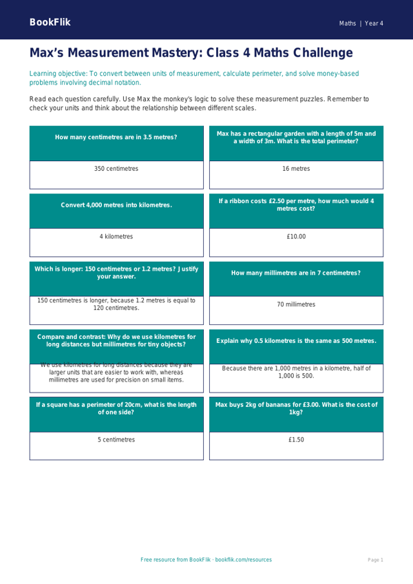 Free Measurement Flashcards | Class 4 | Maths | BookFlik worksheet preview — Maths Measurement
