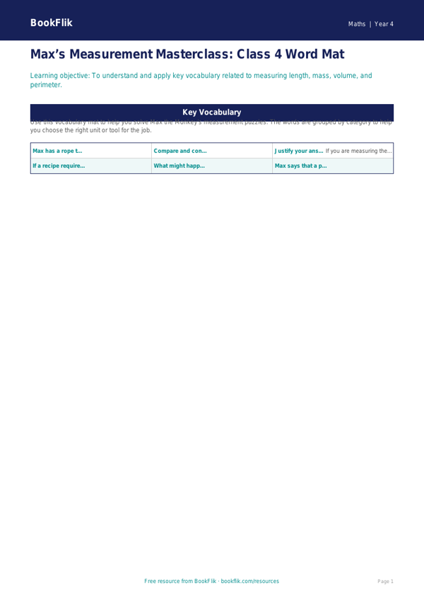 Free Measurement Word Mat | Class 4 | Maths | BookFlik worksheet preview — Maths Measurement
