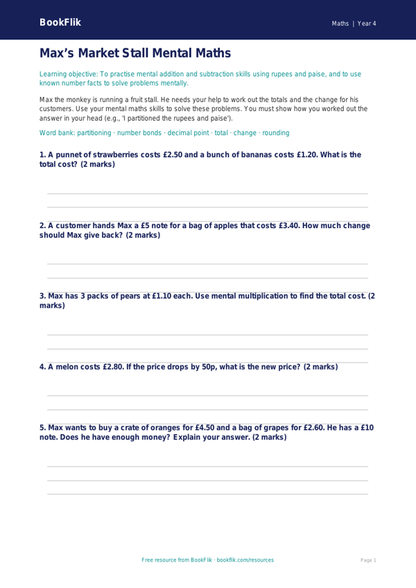 Free Mental Maths Activity Sheet | Class 4 | Maths | BookFlik worksheet preview — Maths Mental Maths