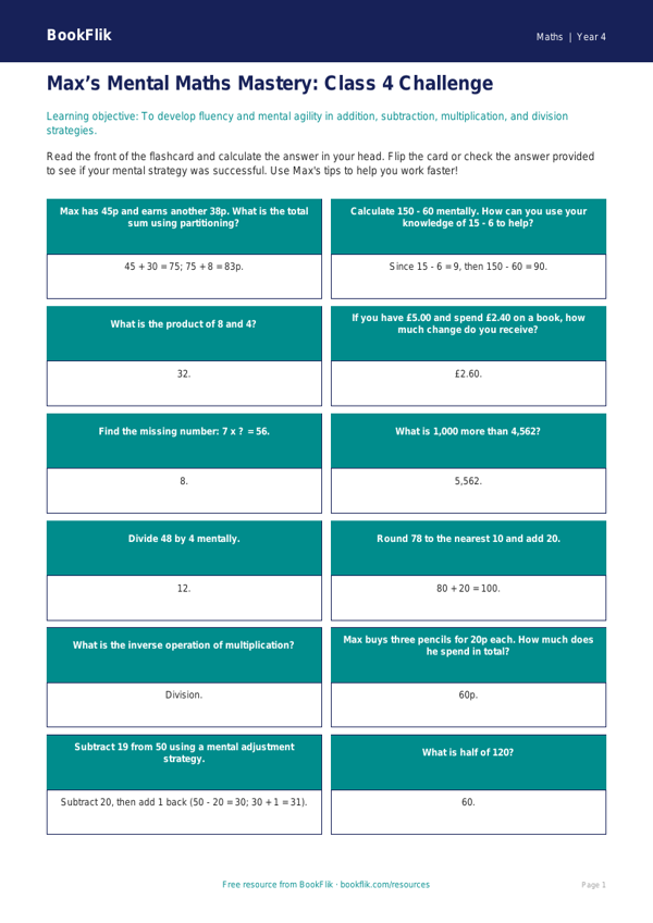 Free Mental Maths Flashcards | Class 4 | Maths | BookFlik worksheet preview — Maths Mental Maths