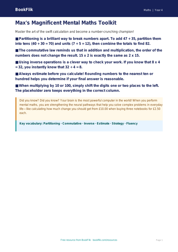 Free Mental Maths Poster | Class 4 | Maths | BookFlik worksheet preview — Maths Mental Maths