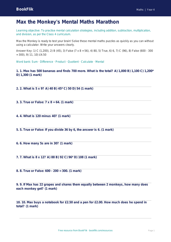 Maths mental maths quiz class 4 core worksheet preview — Maths Mental Maths