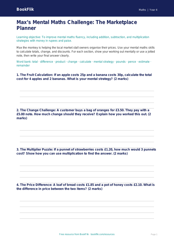 Free Mental Maths Template | Class 4 | Maths | BookFlik worksheet preview — Maths Mental Maths