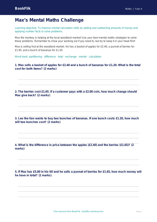 Free Mental Maths Worksheet | Class 4 | Maths | BookFlik worksheet preview — Maths Mental Maths