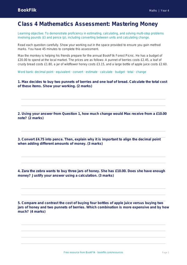 Free Money Assessment | Class 4 | Maths | BookFlik worksheet preview — Maths Money