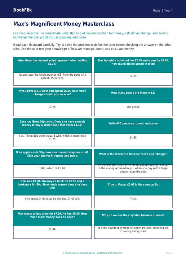 Maths money flashcards class 4 greater depth worksheet preview — Maths Money