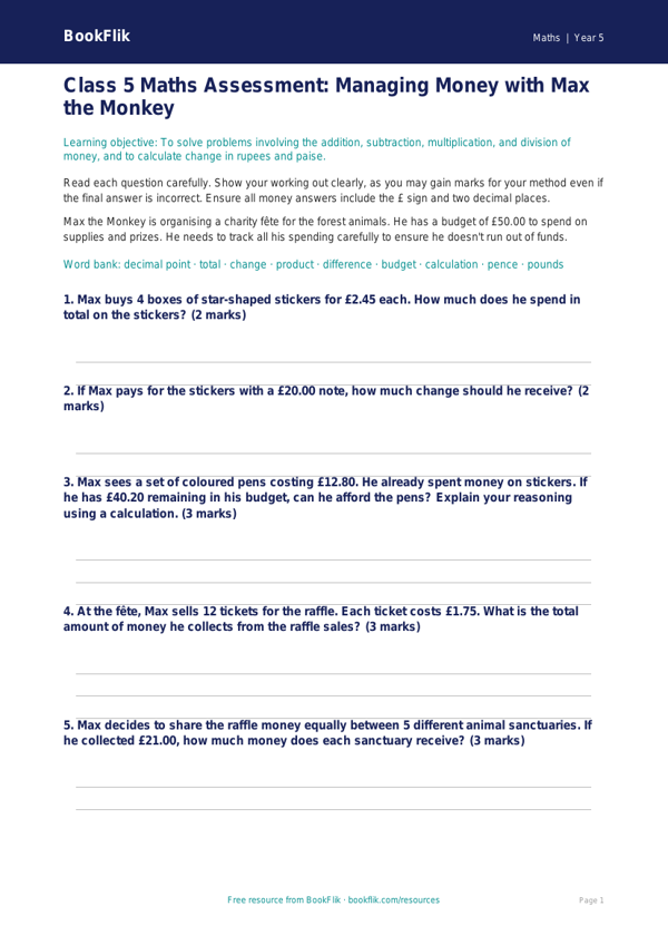 Free Money Assessment | Class 5 | Maths | BookFlik worksheet preview — Maths Money