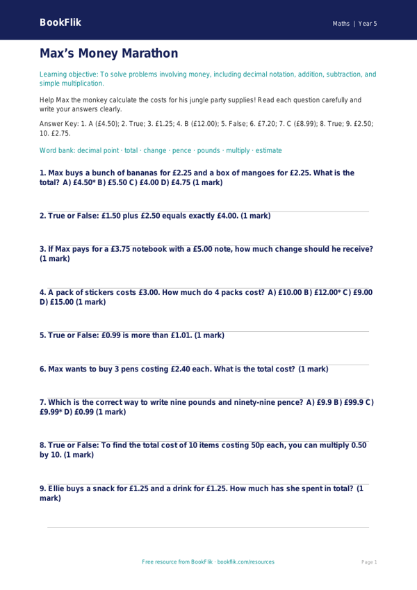 Free Money Quiz | Class 5 | Maths | BookFlik worksheet preview — Maths Money