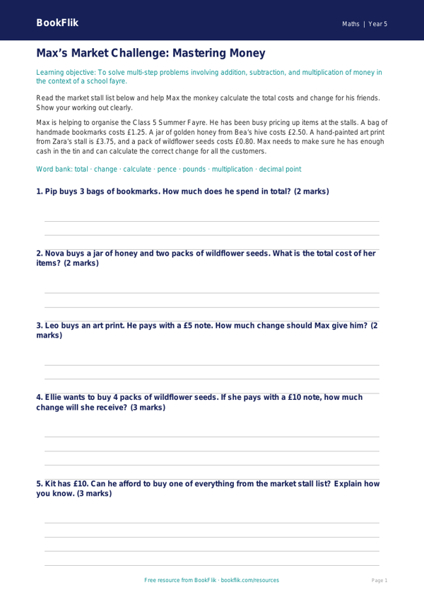 Free Money Track Sheet | Class 5 | Maths | BookFlik worksheet preview — Maths Money