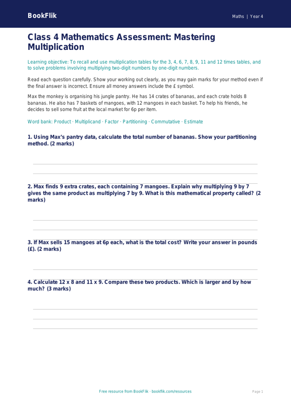 Advanced Multiplication Assessment | Class 4 Maths | BookFlik worksheet preview — Maths Multiplication
