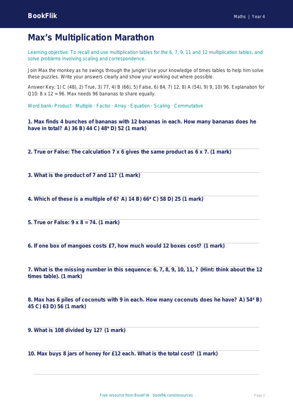 Advanced Multiplication Worksheet | Class 4 Maths | BookFlik worksheet preview — Maths Multiplication