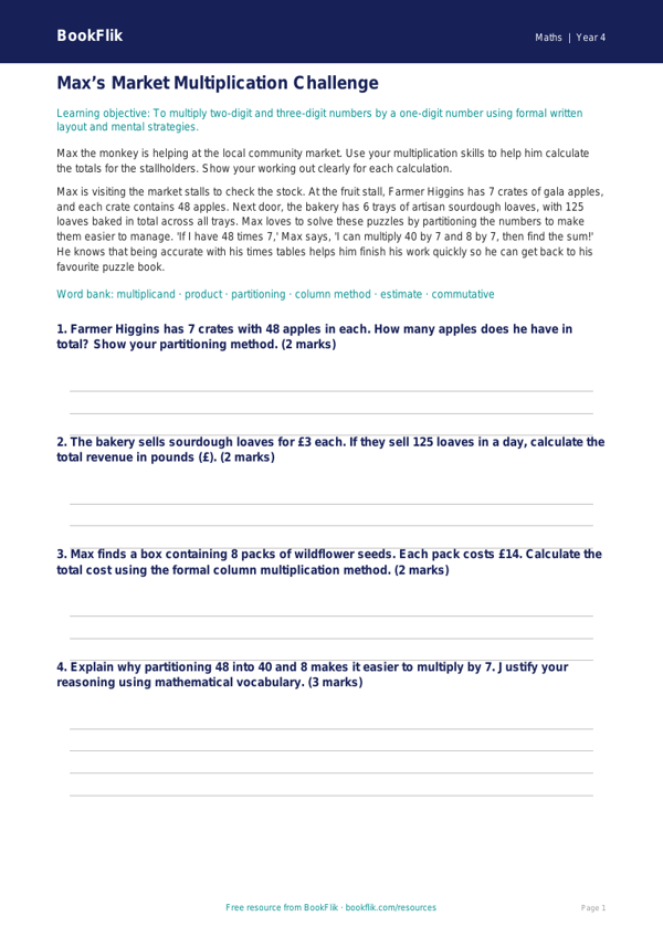 Free Multiplication Track Sheet | Class 4 | Maths | BookFlik worksheet preview — Maths Multiplication