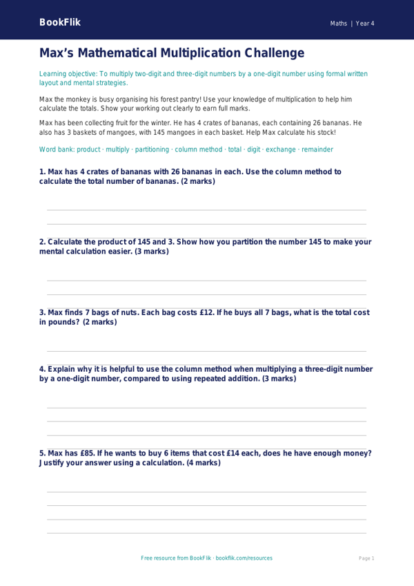 Advanced Multiplication Worksheet | Class 4 Maths | BookFlik worksheet preview — Maths Multiplication